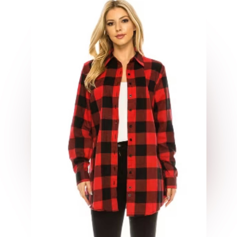 Oversized Plaid Button-Up Shirt - Red and Black